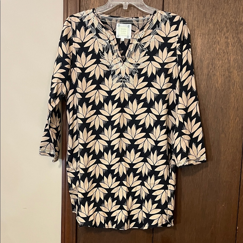 Sigrid Olsen Black and Cream Leaf Pattern Tunic Small 100% Cotton